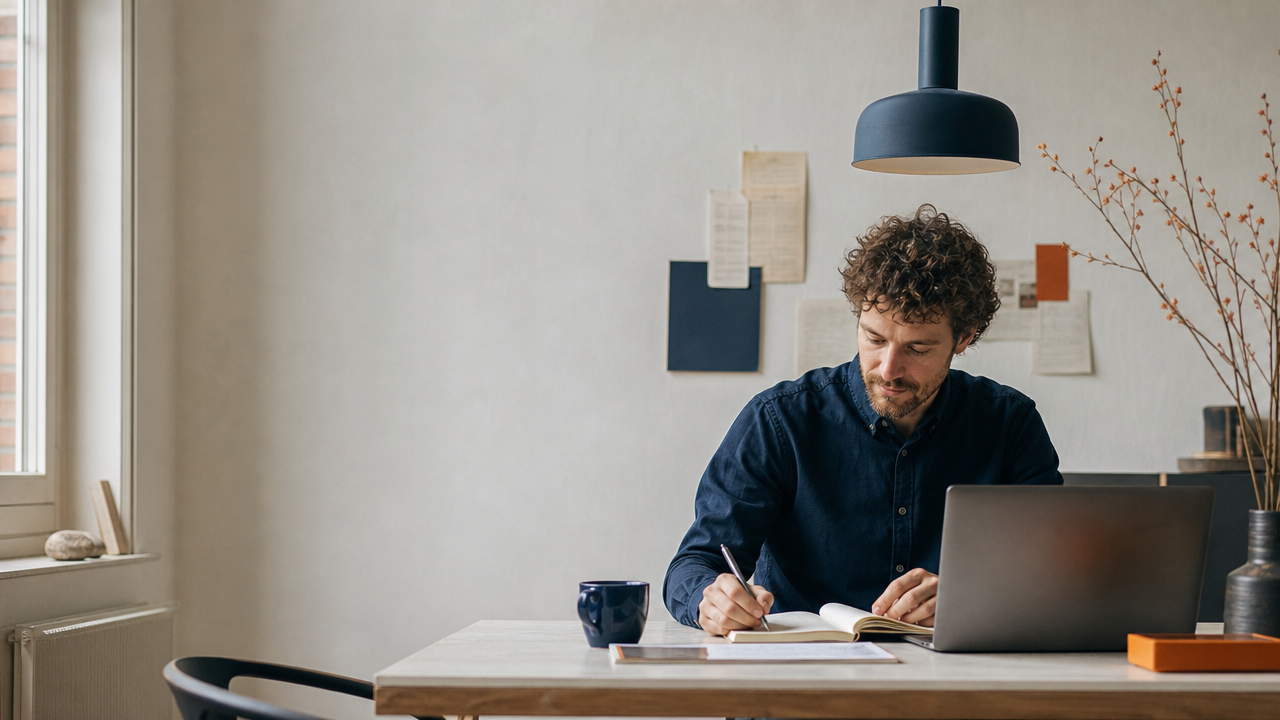 Zelfstandige ondernemer aan het werk aan een bureau